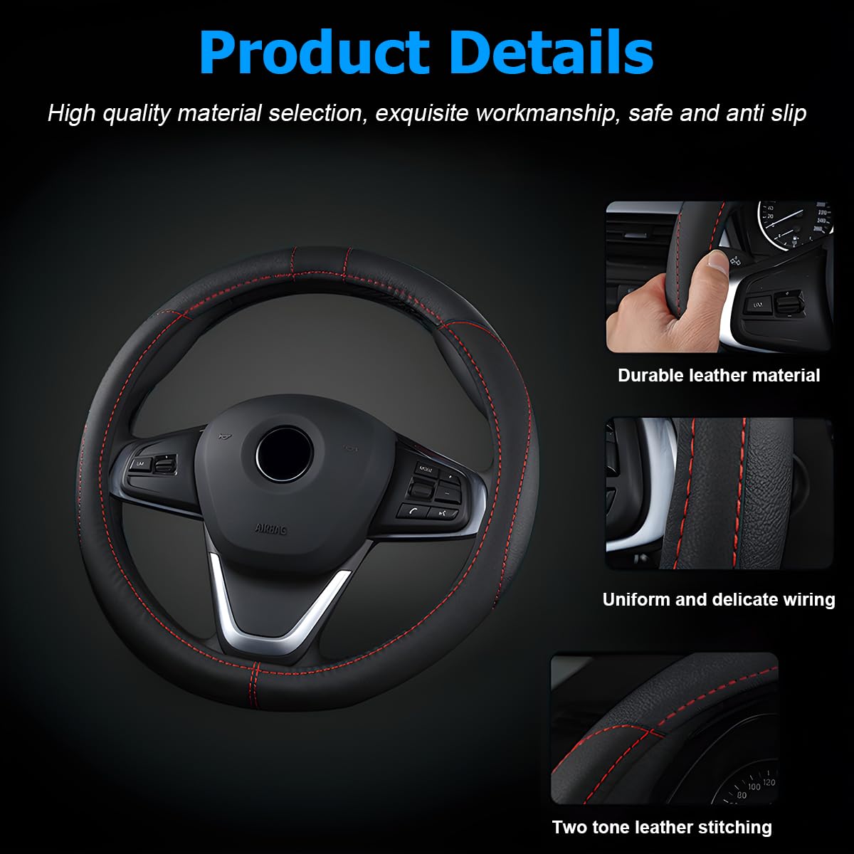 JNNJ Couvre Volant Voiture Sport Respirant Antidérapant - Cuir Microfibre Noir/Gris