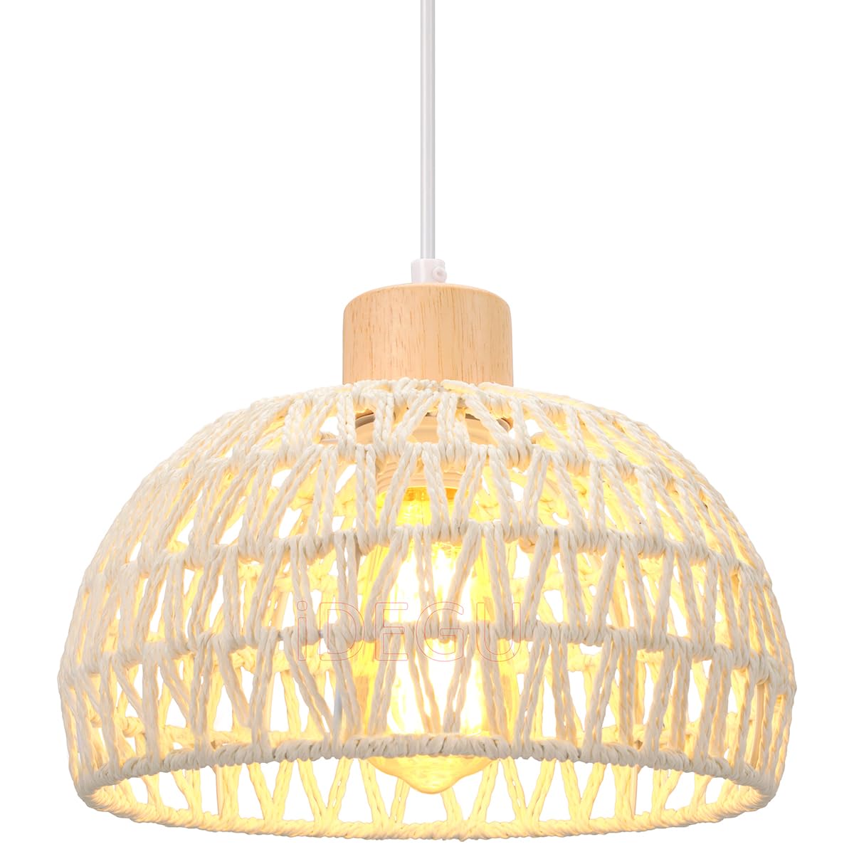 iDEGU Lustre Suspension Rétro Ø 25CM Suspension Luminaire Vintage Style Demi-Cercle Plafonnier E27 en Bois et Rotin Lampe Suspension pour Salon Chambre Salle à Manger Cuisine Café Bar (Blanc)