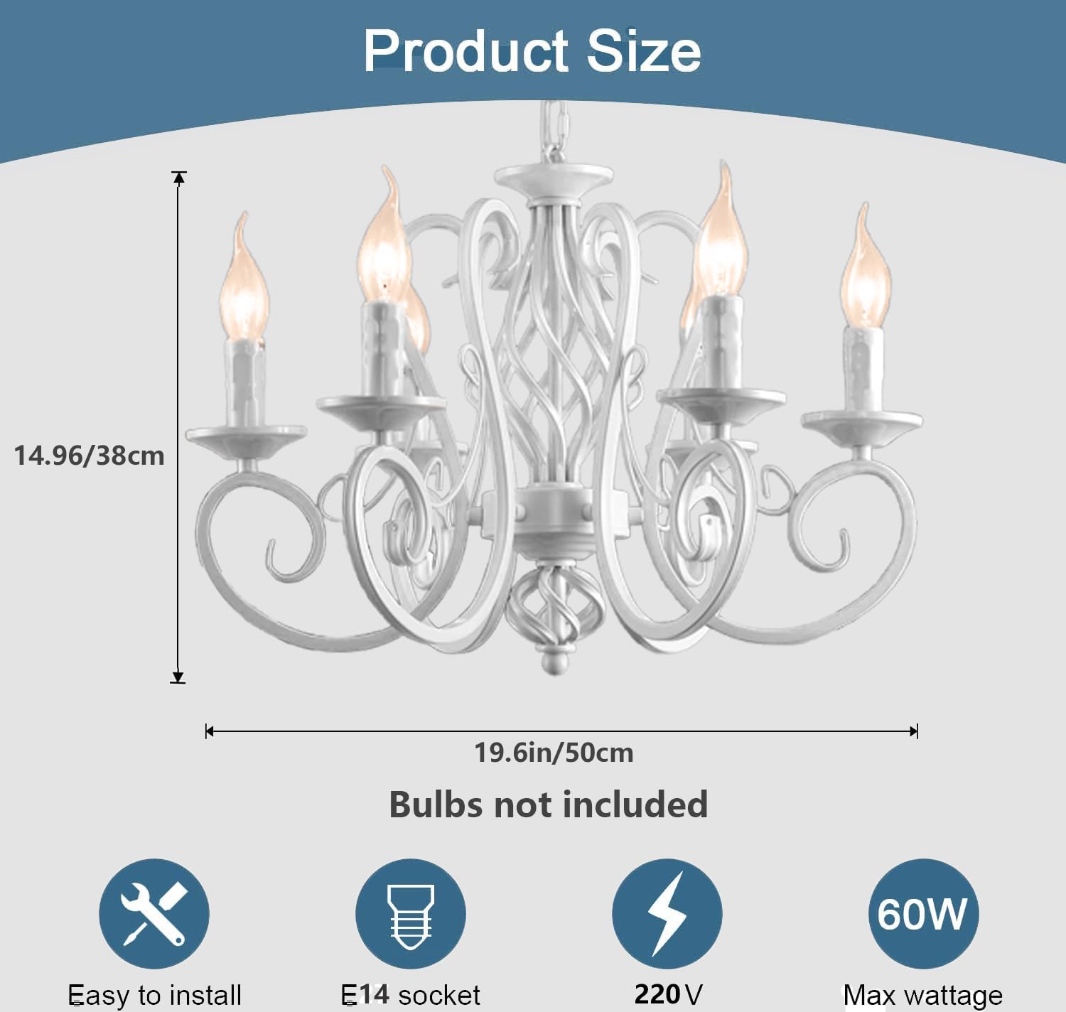 Lampadario Soggiorno Vintage, E14 Lampadario in Stile Tradizionale Rustico Bianco in Ferro Battuto con Candele, Moderna Lampada a Sospensione a 6 Luci per Soggiorno e Camera da Letto