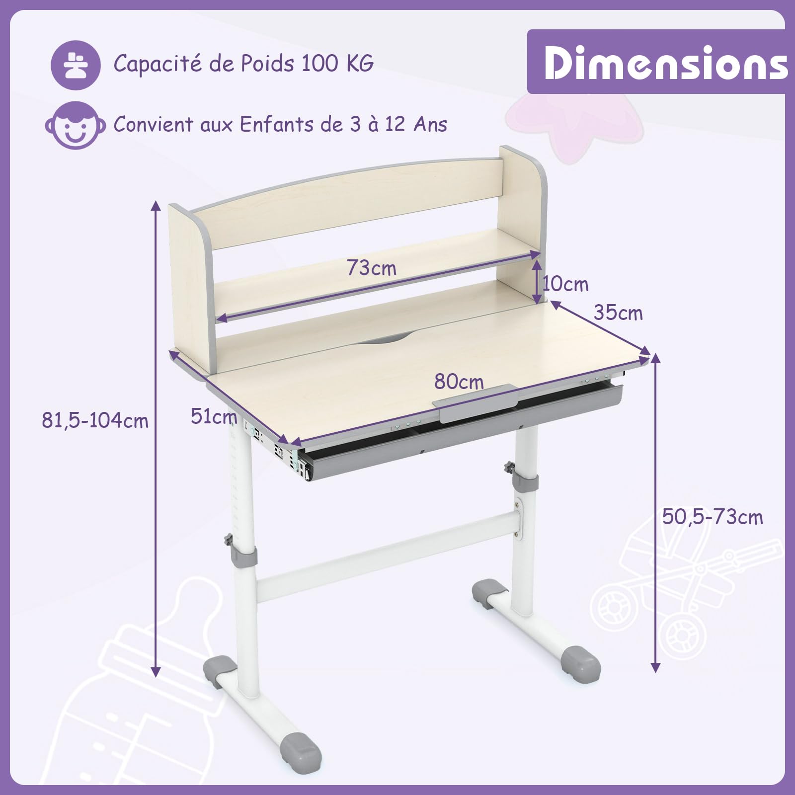 GOPLUS Bureau Enfant Fille Garcon, Table d'Étude Réglable en Hauteur avec Rangement, Plateau Inclinable à 7 Niveaux, Tiroir, Support à Livre, Bureau pour 3-12 Ans pour Maison École (Gris)