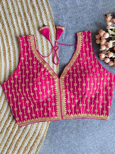 Image of TRENDMALLS Women's Dhupion Silk Embroidery Sequence Work V Neck Sleeveless Blouse Choli Stylish Saree Blouse Ready to Wear