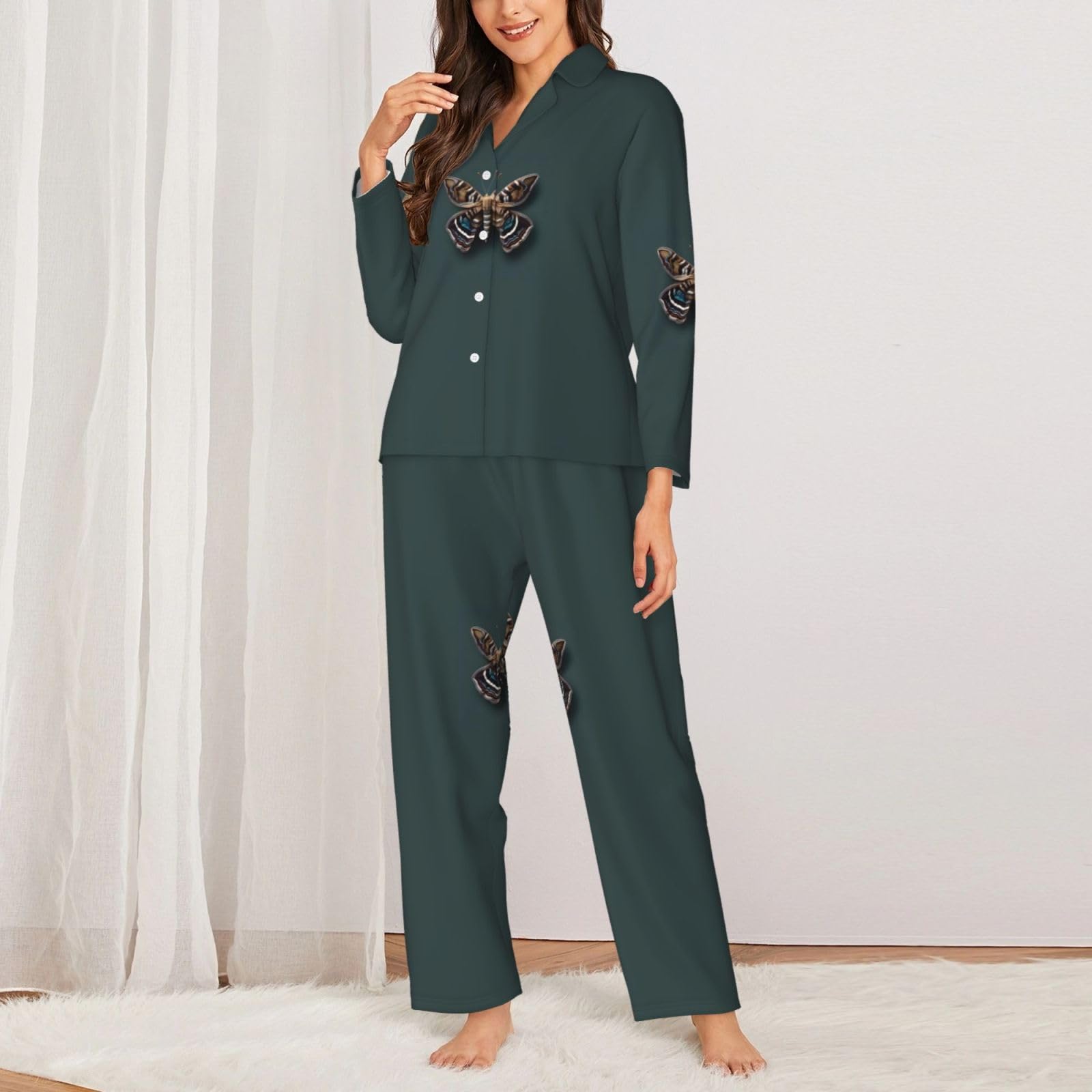 Bella stampa falena donna manica lunga pigiama set lounge pigiameria accogliente abbigliamento da notte loungewear quotidiano