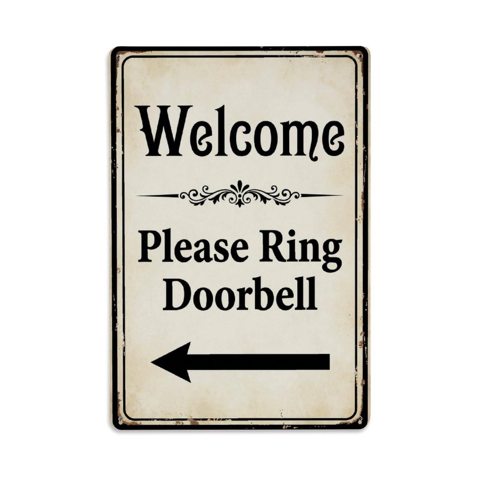 Metal Tin Sign Vintage Welcome Please Ring Doorbell Arrow Floral