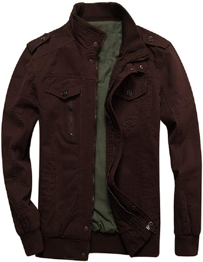 Earth Window Men's Cotton Casual Long Sleeve Stand Collar Military Windbreaker Jacket with Shoulder Straps