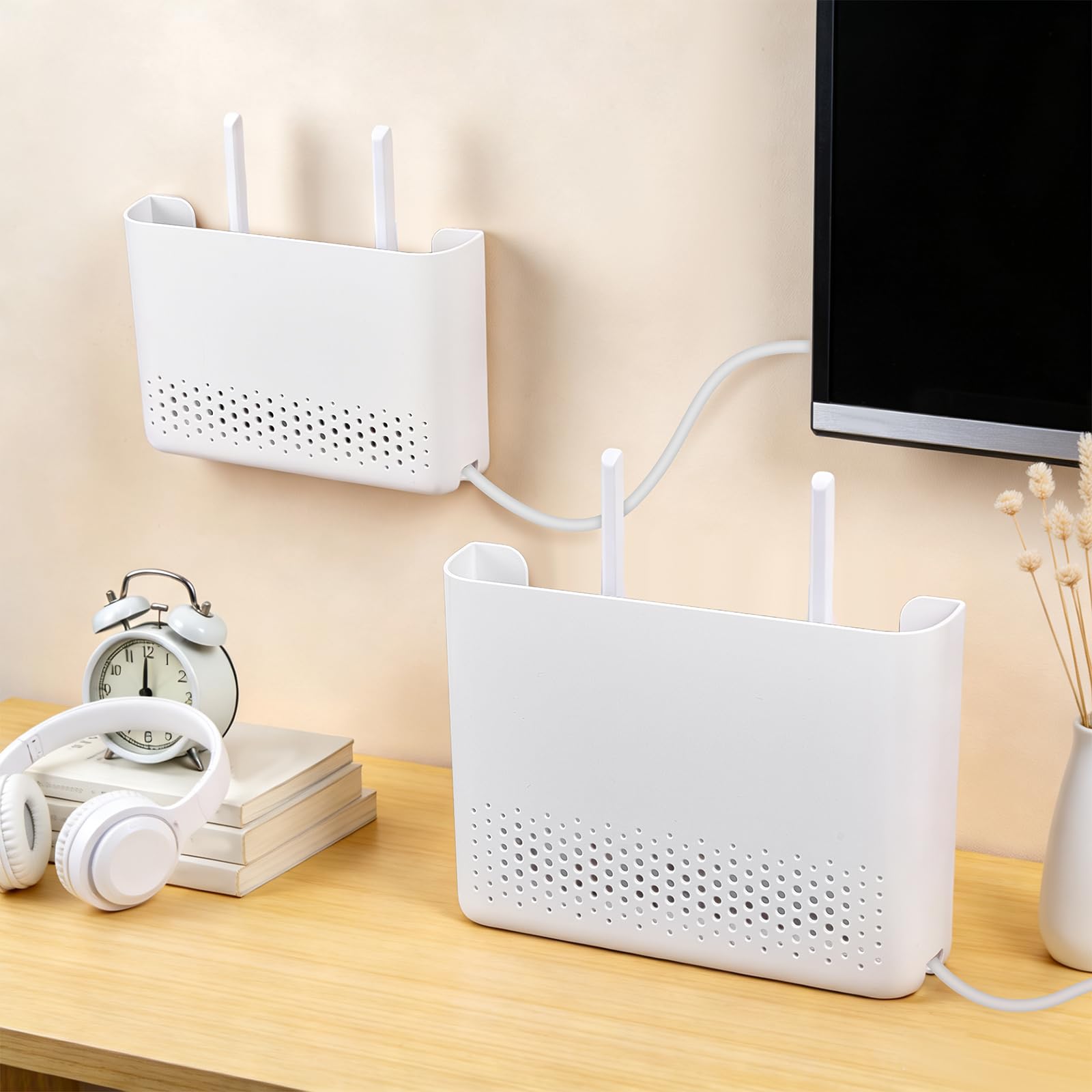 2 x Wandmontierter Router-Aufbewahrungshalter, Standard-Routerbox, kein Bohren, weiß, Kabelmanagement, Steckdosenleisten-Organizer, Aufbewahrungsschrank für Wohnzimmer, Schlafzimmer