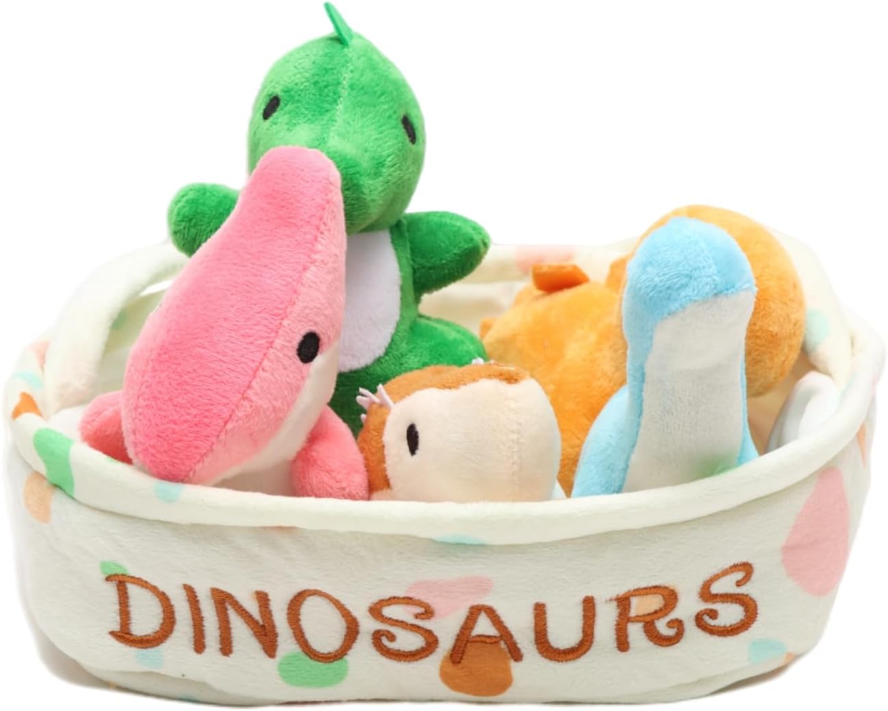Dinosaur Plush Toy Set, 5pcs Soft Stuffed Dino Toys in Basket, 7.87in Interactive Plush Animal Figures – Birthday, Christmas, Kids Gift for Boys & Girls, Room Decor