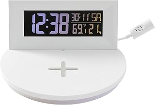 Taylor Precision Products Digital Weather Station with Wireless Smart Device Charging, Indoor Temperature and Humidity, Clock with Alarm, Calendar, Changeable Glow Light, White