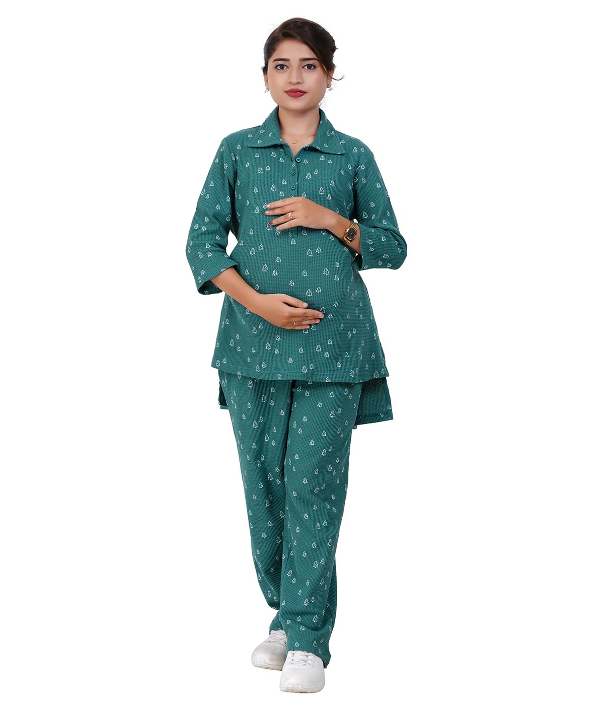 Modest Materna Waffle Cotton Kurta Set - Maternity Kurta Set for Women Feeding - Stylish Collar, Adjustable Knots, Three Fourth Sleeves, Winter Wear, Pants with Pockets-picture-20