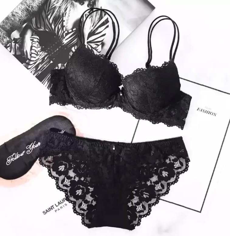 Image of Foxline Women's Lace Push Up Underwired Solid Lingerie Set