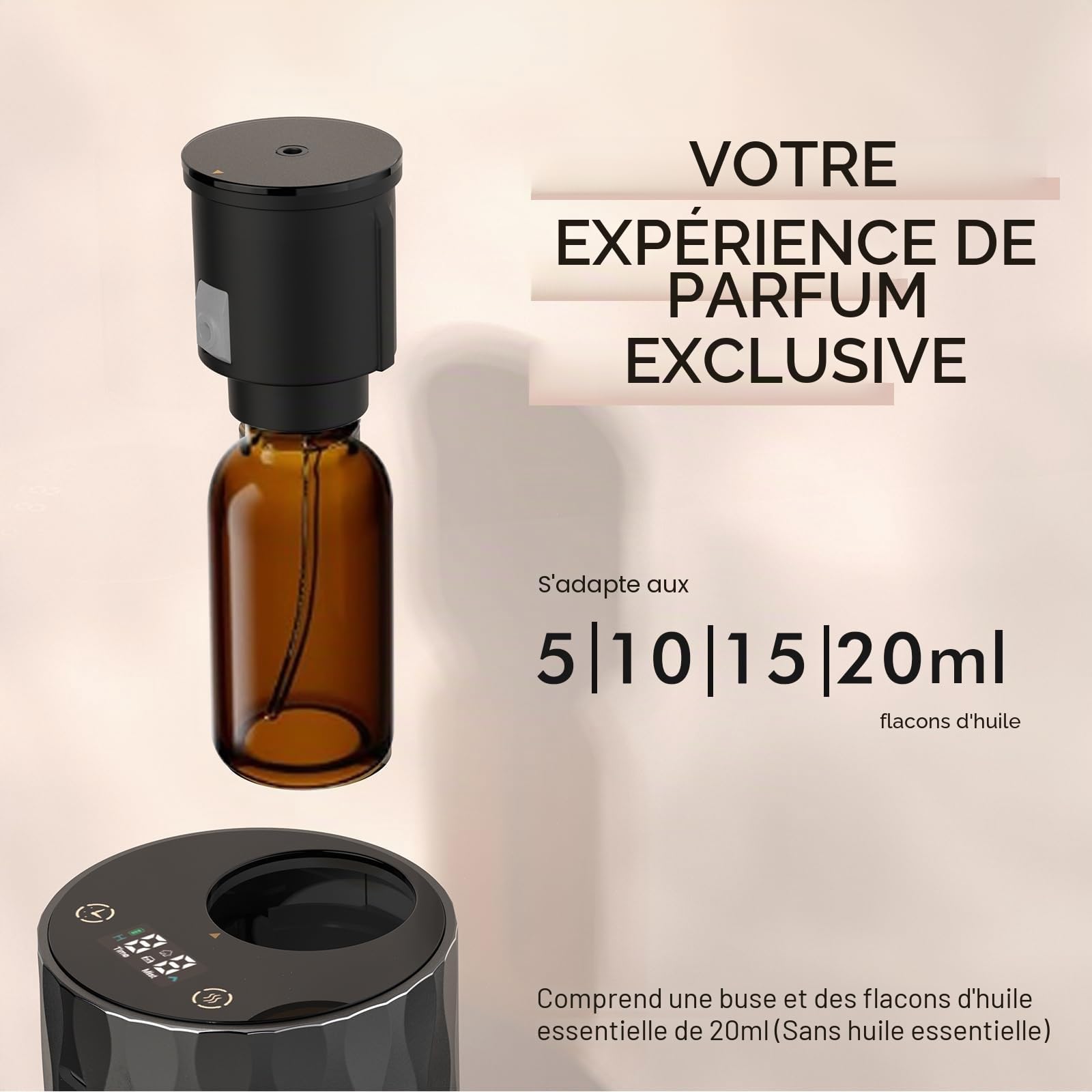 Diffuseur d'arômes sans fil - Structure en aluminium - Batterie 96H et 25 dB silencieux - Diffuseur d'huiles essentielles avec minuterie et 4 niveaux - Idéal pour voiture, bureau et chambre à