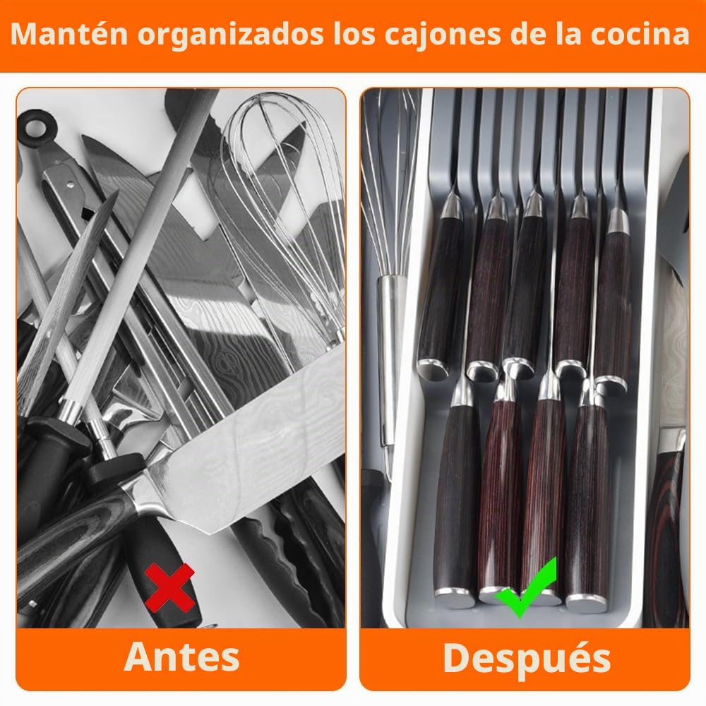 HEKOBAG Organizador de Cuchillos para Cajón 2 Niveles - Portacuchillos de Cocina para 9 Cuchillos, Bloque Horizontal Expandible - Gris