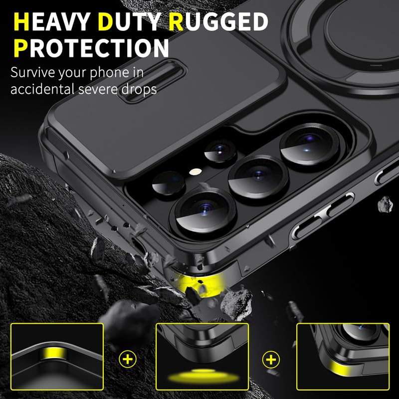 Image of LuxuryKase Shockproof Rugged Case for Samsung Galaxy S26 Ultra | Slide Camera Cover | 360 Rotating Ring Kickstand | Military-Grade Protection - Matte Black
