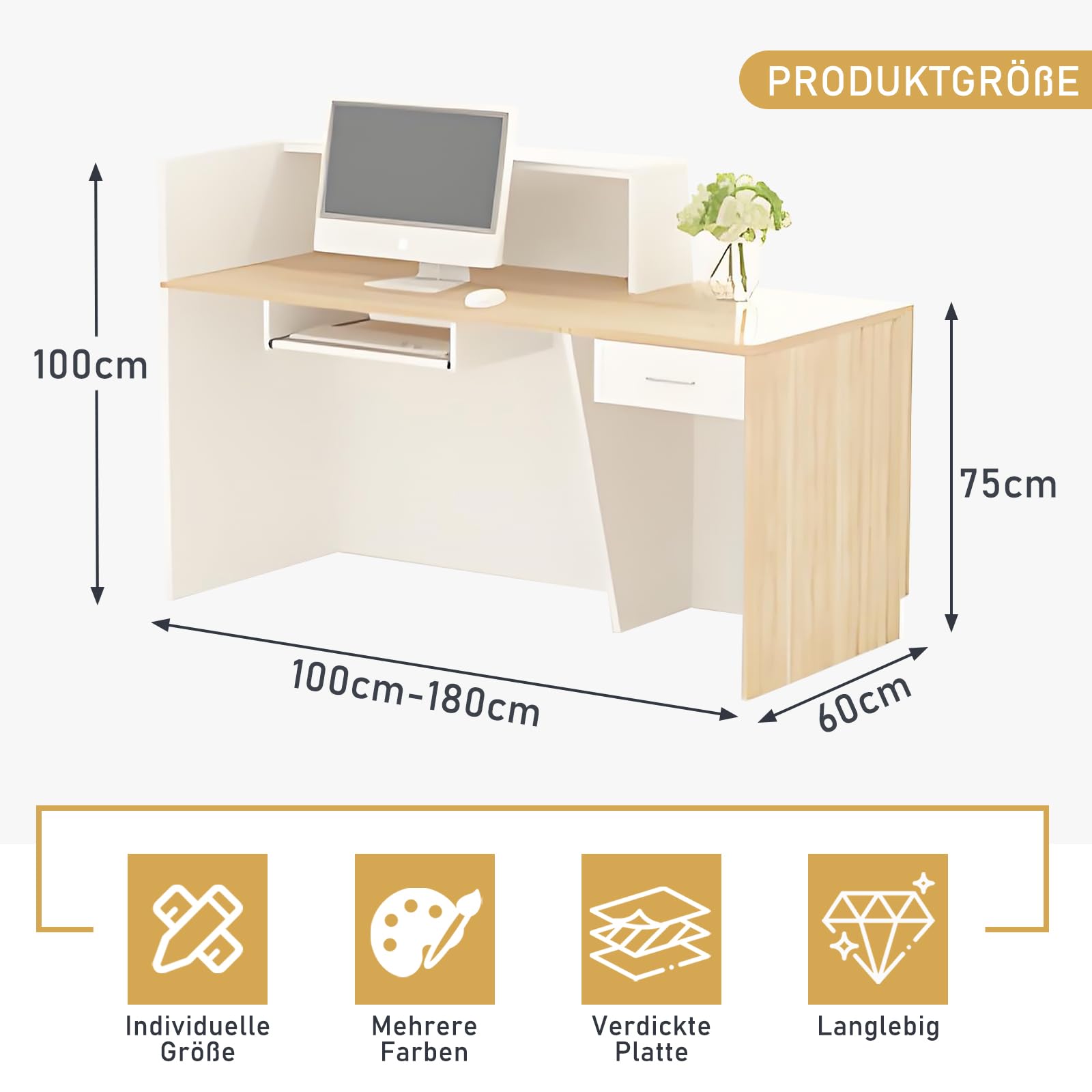 Empfangstheke mit Stauraum und offenen Fächern, Empfangstresen für Empfang, 100–240 cm Tresen für Geschäft, Salon, Studio, Empfangsbereich & Kasse