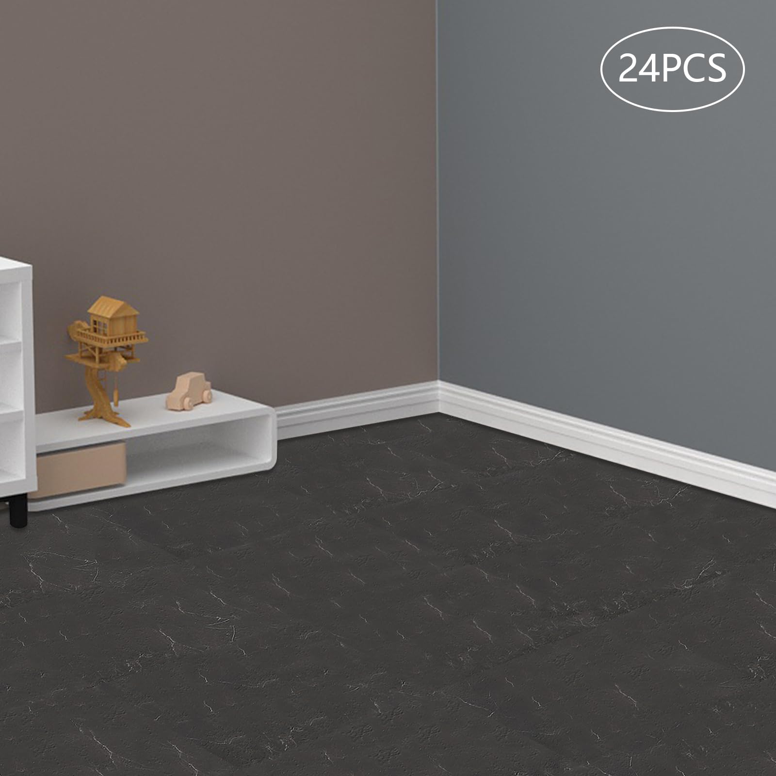 Baldosas autoadhesivas de PVC, 24 unidades (60 x 30 cm), 1,3 mm de grosor (aproximadamente 4,32 ㎡ de superficie de cubierta), color negro, grano de piedra, impermeable, moderno, para cocina y baño