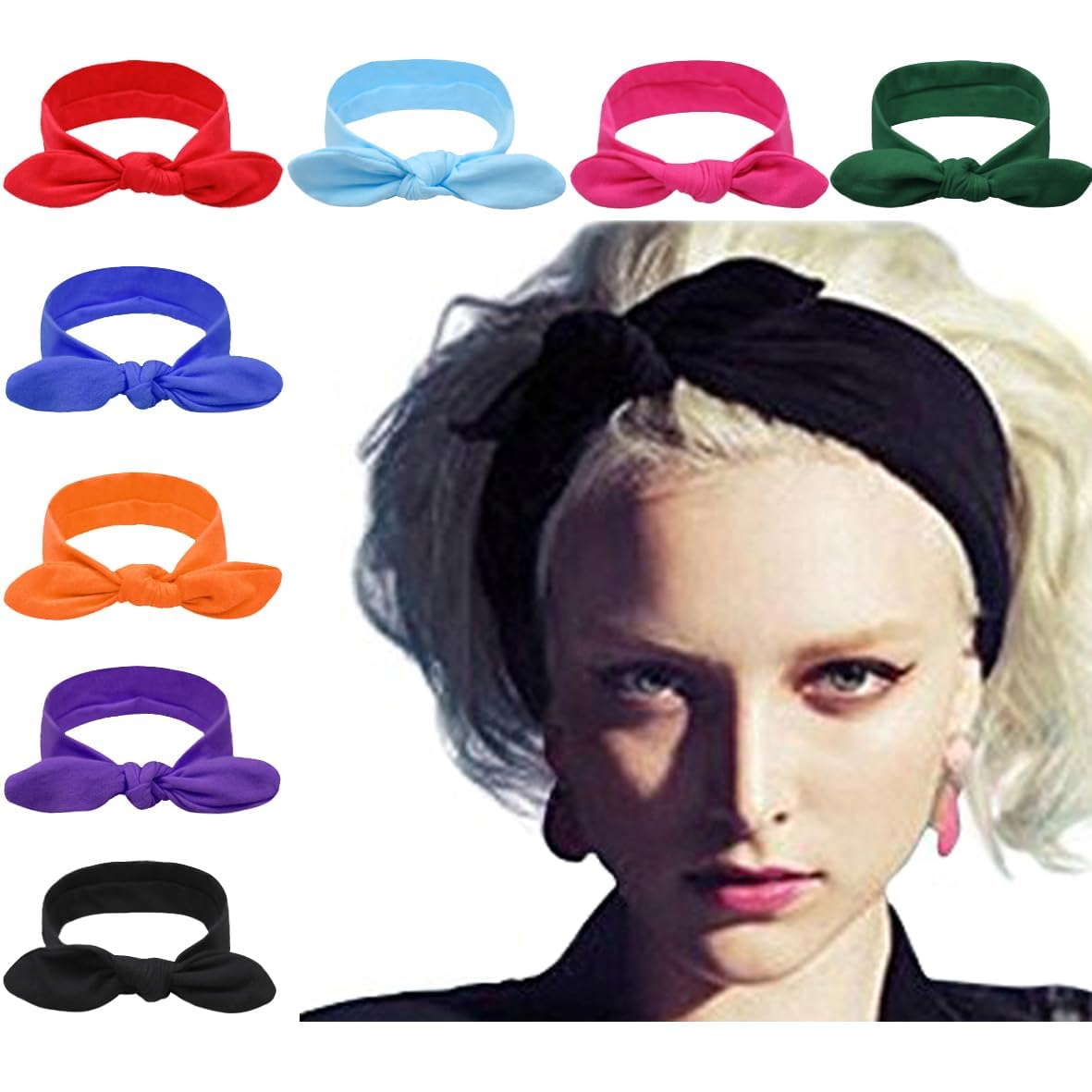 8 Pack Bow Headbands for Women Girls Elastic Headwraps Knotted Headband Rabbit Ears Turban Non-Slip Sport Cute Hair Accessories