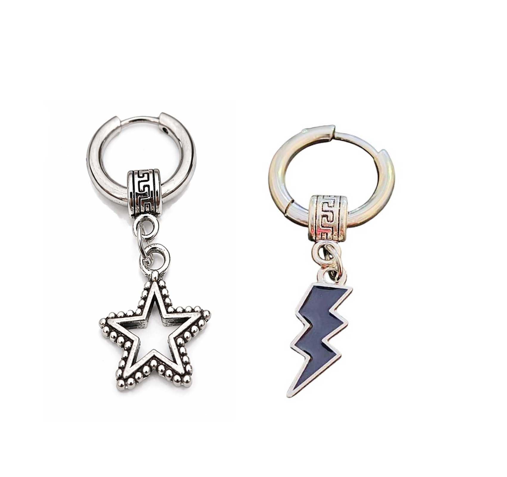 Bulllet Challa & Star Charm Dangle Hoop Earrings, Silver Tone, Antique Finish, Boho Style, Pair-image-22