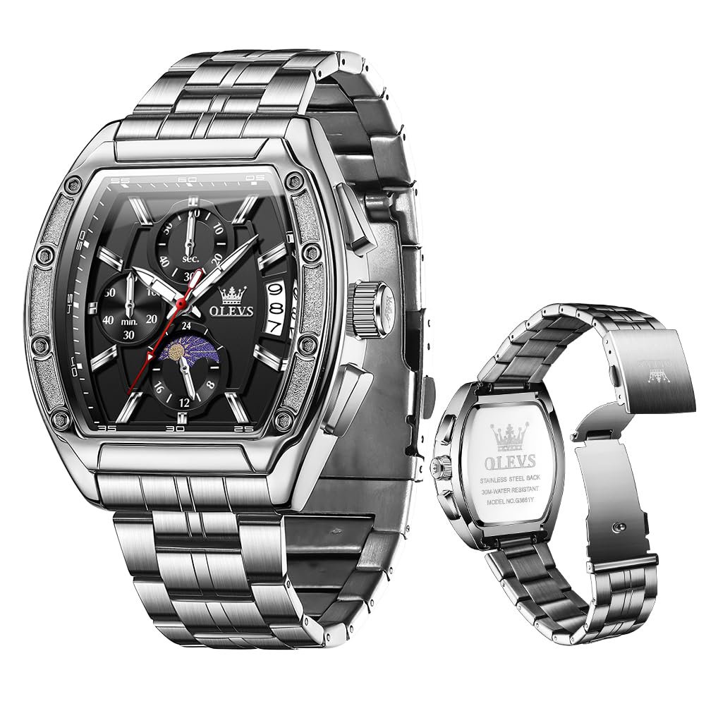 OLEVS Men Watch Stainless Steel Waterproof Two Tone Analog Quartz Chronograph Moon Phase Date Dress Big Face Luminous Luxury Business Fashion Casual Dress Multifunction Men's Wrist Watches
