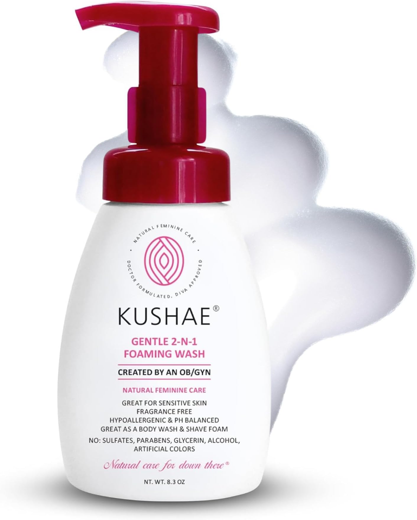 Kushae Gentle 2-in-1 Foaming Wash, pH Balance Feminine Wash for Optimal Hygiene, Refreshing & Soothing Feminine Wash for Sensitive Skin, Fragrance-Free Intimate Wash for Daily Use, 8.3 oz