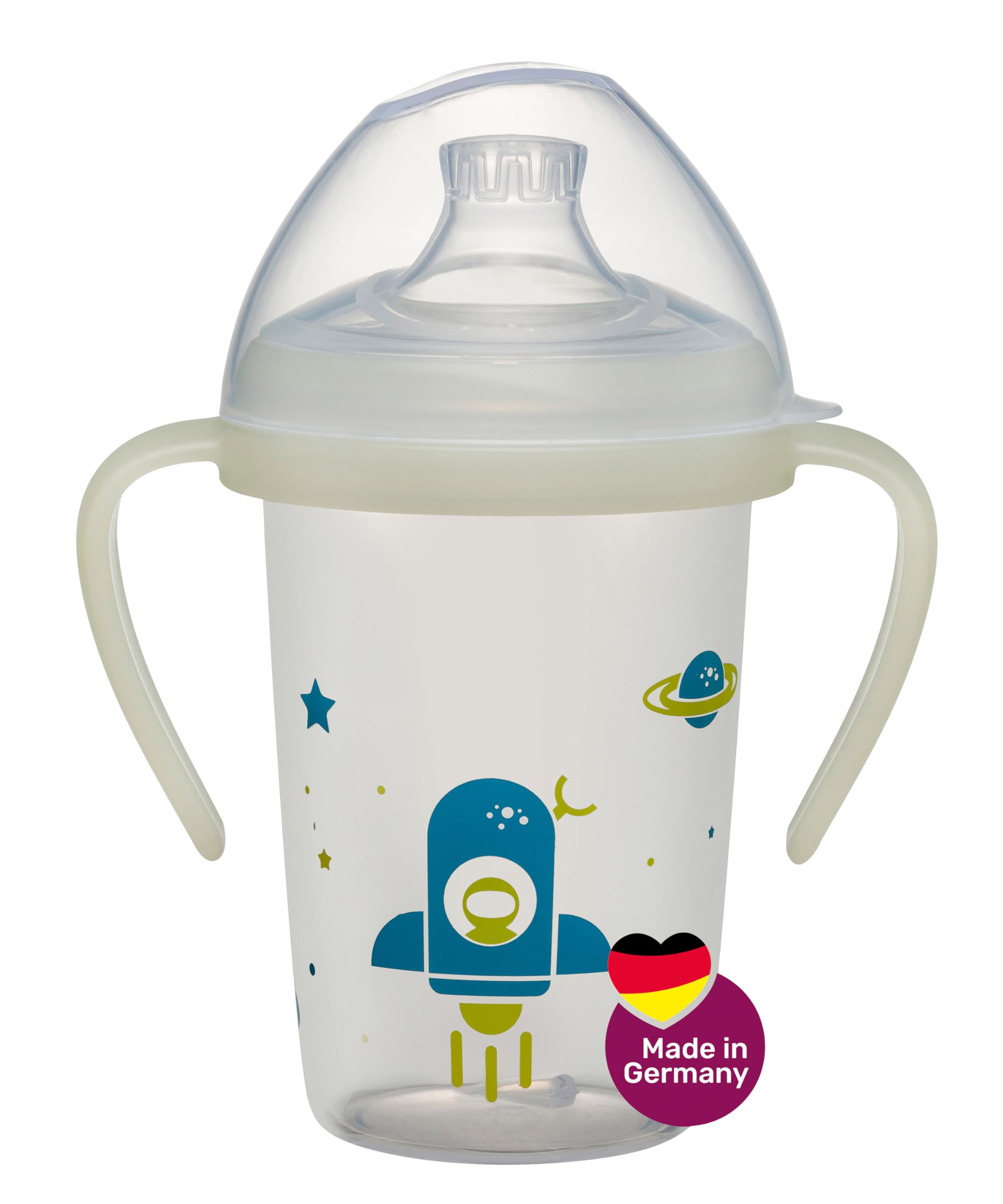 NIP Trinklernflasche Day&Night: auslaufsicherer Trinkbecher mit Griff & weichem Trinkschnabel, leuchtet im Dunkeln, ab 6 Monaten, 270 ml, BPA-frei, Rakete