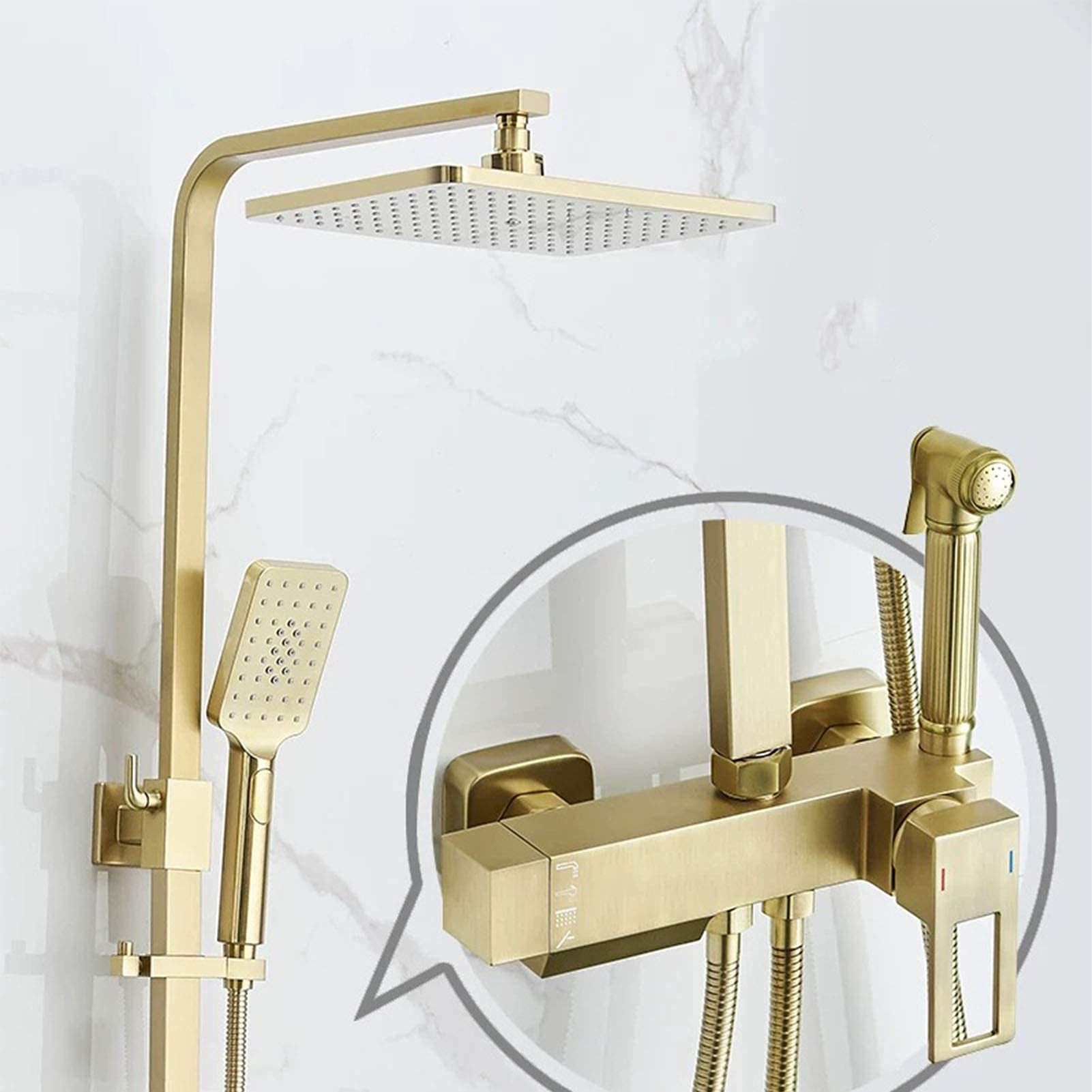 CWCQGH Rain Shower System Brushed Gold, 9 inches Rainfall Shower Head with Hand Shower, Wall Mounted Bathtub Faucet Set with Bidet Spray, Brass Bath Mixer Shower Tap