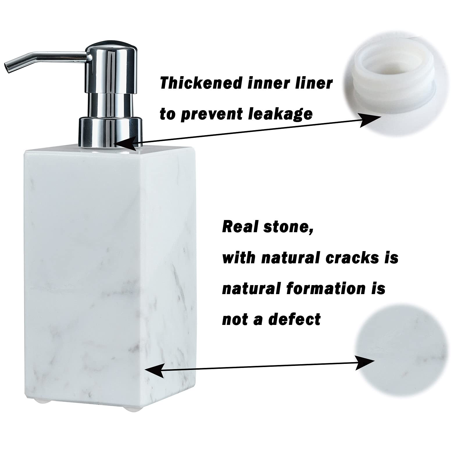 White Marble Soap Dispenser Italian Real Stone Hand Liquid Pump Bottle for Home Decorative Kitchen Sink Bathroom Countertop for Refillable Shower Shampoo Laundry Dish Soap Lotion mouthwash Dispenser