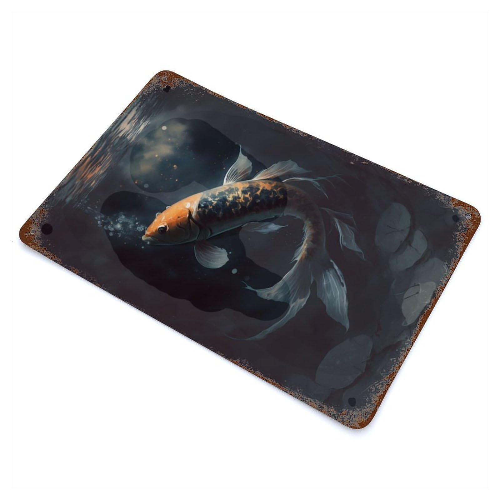 Peaceful Koi Fish Swim 11.8"x7.9" Rust Effect Tin Sign, Industrial Home Decor for Living Room, Hallway And Home Decor