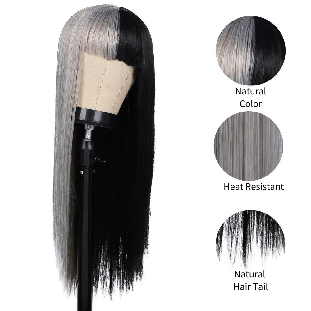 Halb Grau Halb Schwarz Lange Perücken für Frauen Gerade Goth Haar Perücke mit Bangs Hitzebeständige Faser Cosplay Halloween Perücke