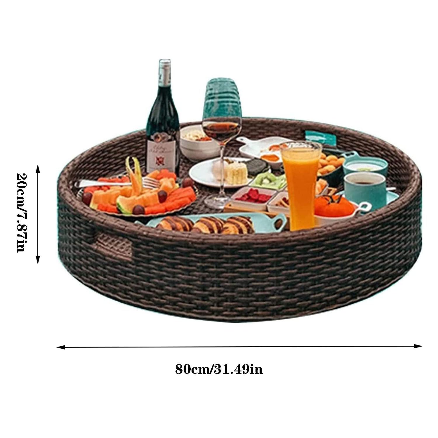 Bandeja flotante redonda de ratán de 60 cm/80 cm,bandeja flotante de ratán con asa,bandeja de comida resistente,bandeja impermeable resistente al desgaste,bandeja de té para desayuno Apricot-80CM