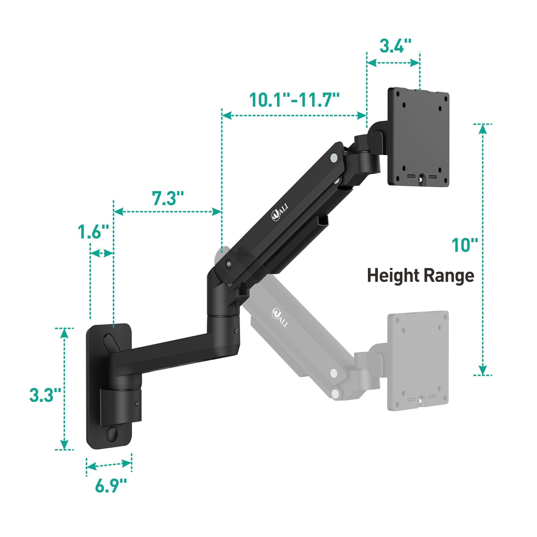 WALI Supporto da parete per monitor singolo, per schermi da 17" a 49", supporto da parete per monitor Ultrawide con braccio completamente regolabile a molla a gas, supporta fino a 20 kg, VESA 75 e 100