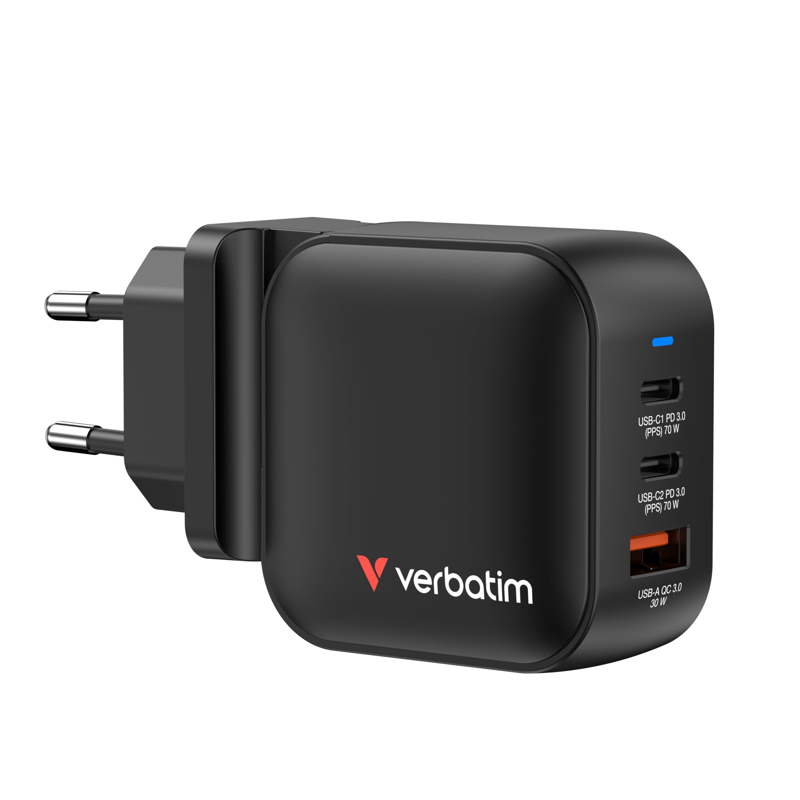 Verbatim Mini GaN Charger 70 W, 3 porty USB-C ładowarka z 2 x USB-C i 1 x USB-A, szybka ładowarka jako wtyczka wielokrotna, do Apple iPad, iPhone, Samsung & Co, do UE, UK, USA