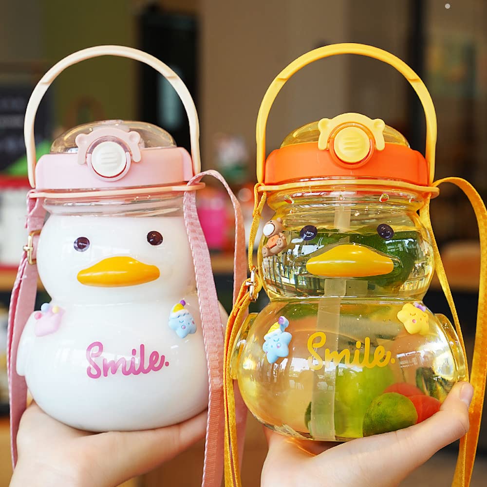 Large Cute Duck Water Bottle with Straw and Strap 34oz Kawaii Duck Water Bottle with 3D Stickers for Kids Toddler Girls School Sports Travel Leakproof