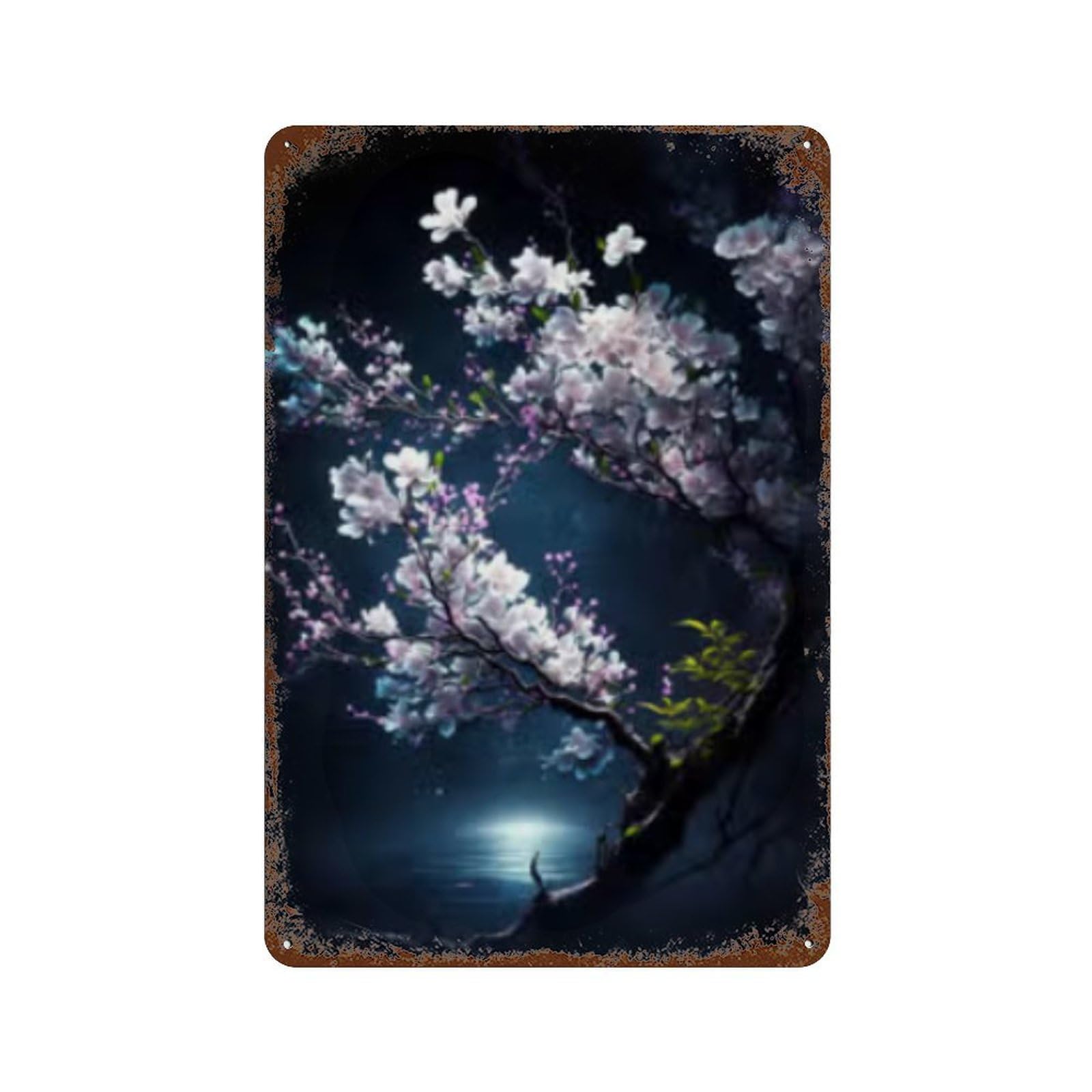 Garage Style Cherry Blossom Night Scene Distressed Metal Wall Sign 11.8"x7.9", Retro Wall Decor for Bar And Workshop