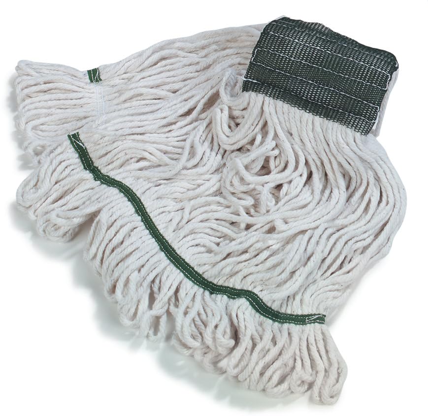 Image of SPARTA Flo-Pac Cotton Mop Head, Loop-Ended, Wide Band with 5 inch Green Band for Organized Cleaning, Medium, White