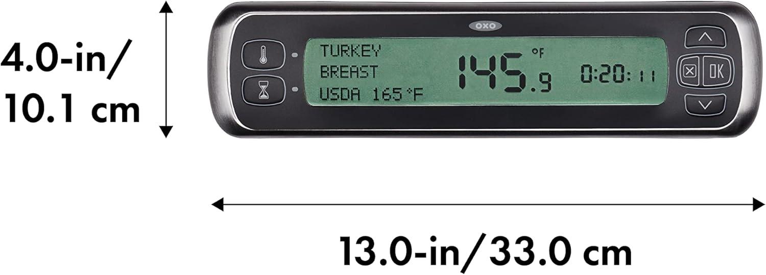 Close-up of the back of the OXO thermometer showing the probe and cable neatly stored within the unit's base