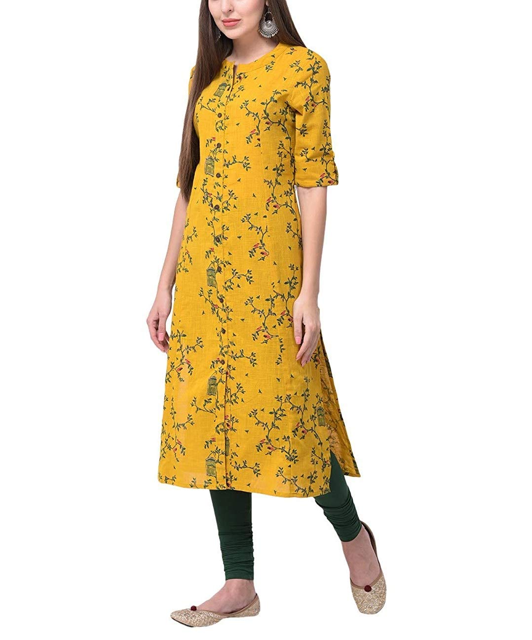 LadylineWomen's Cotton Printed Tunic Top - Front Slit, Roll-Up Sleeves, Buttons Down, Pocket - Long Kurti Kurta
