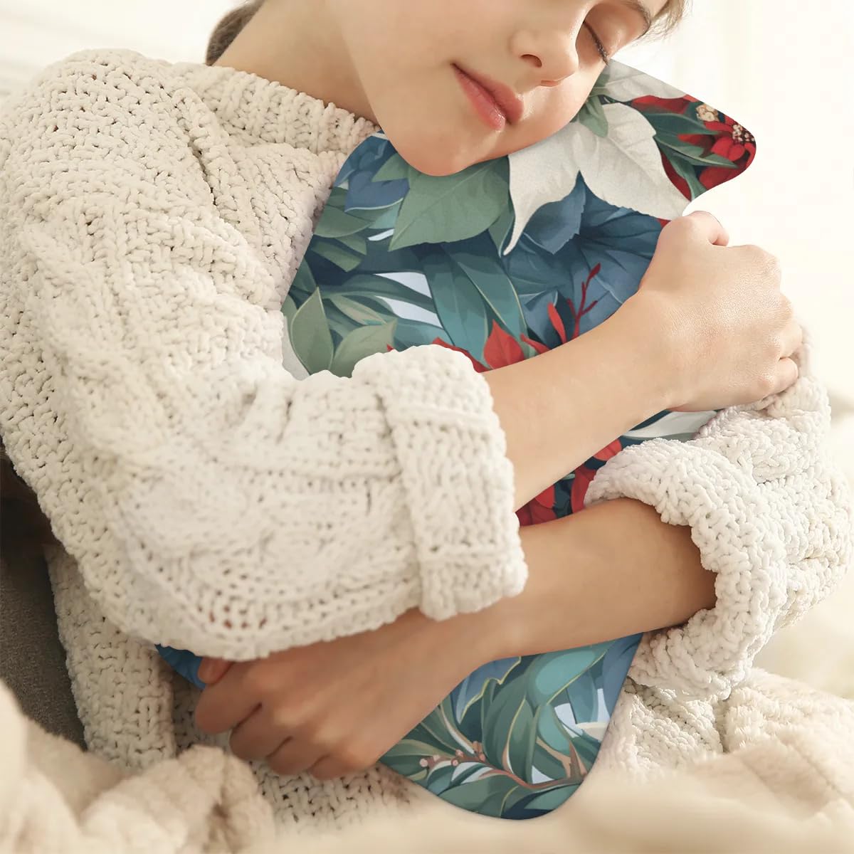 Hot Water Bottle with Soft Cover,2L Holly Berry Flowers Hot Water Bag for Hot and Cold Compress, Hand Feet Warmer, Modern Flowers Rubber Hot or Cold Water Bottle Halloween Christmas Decorations