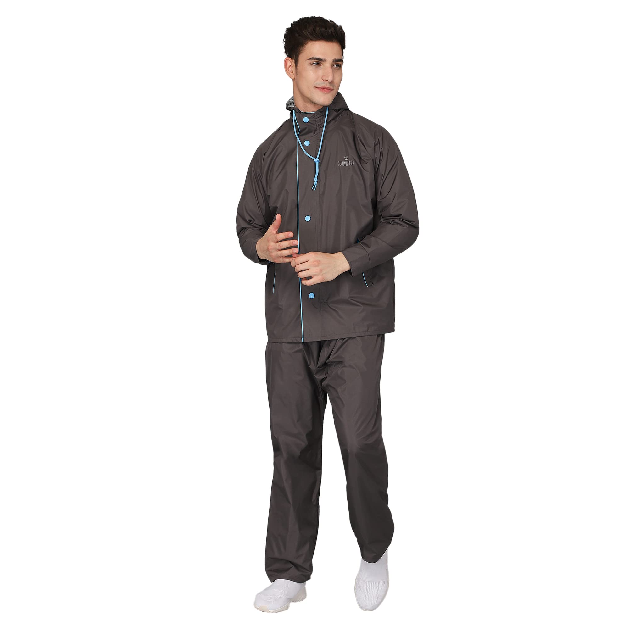 the clownfish Arthur Series Men's Waterproof Polyester Double Coating Reversible Raincoat with Hood and Reflector Logo at Back. Set of Top and Bottom. Printed Plastic Pouch with Rope (Grey, XX-Large)-picture-34