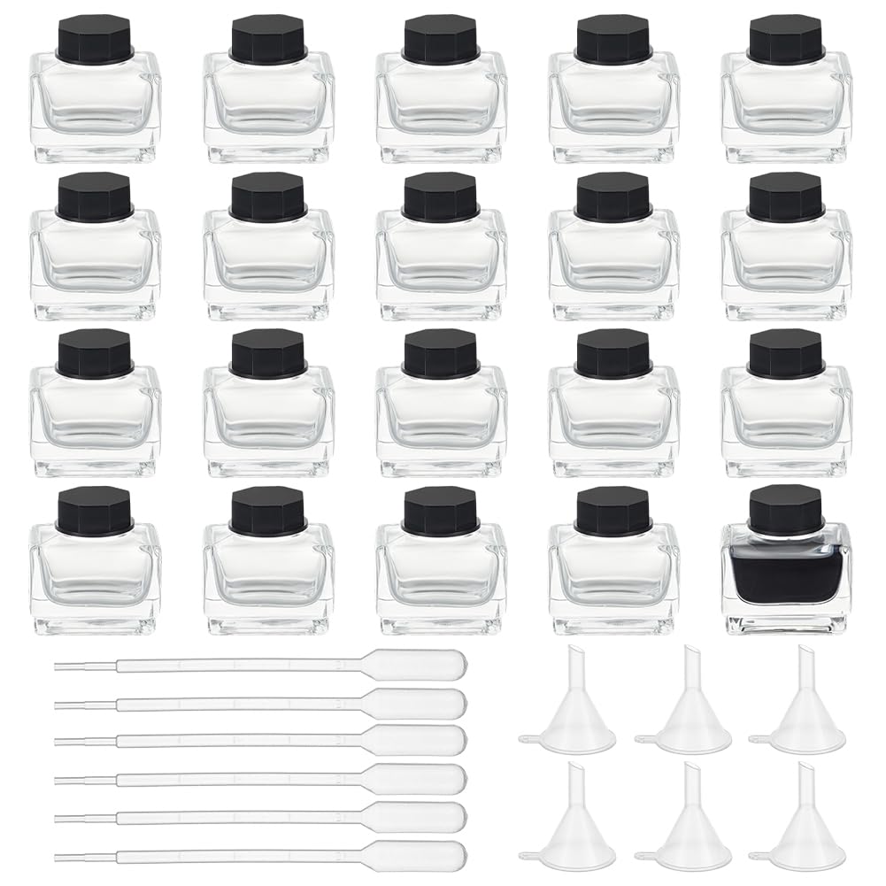 OLYCRAFT 20pcs Pots à encre en verre résistant 15ml Flacons d'encre vides Bouteilles avec bouchons plastique noirs 6pcs Compte-gouttes plastique 6pcs Entonnoirs pour calligraphie projets maison