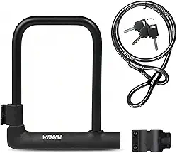 Cadeado de bicicleta – Trava em U para bicicleta resistente com cabo de aço de segurança de 1,5 m – Cadeados em U de bicicleta com manilha de 20 mm com chaves e suporte de montagem resistente para