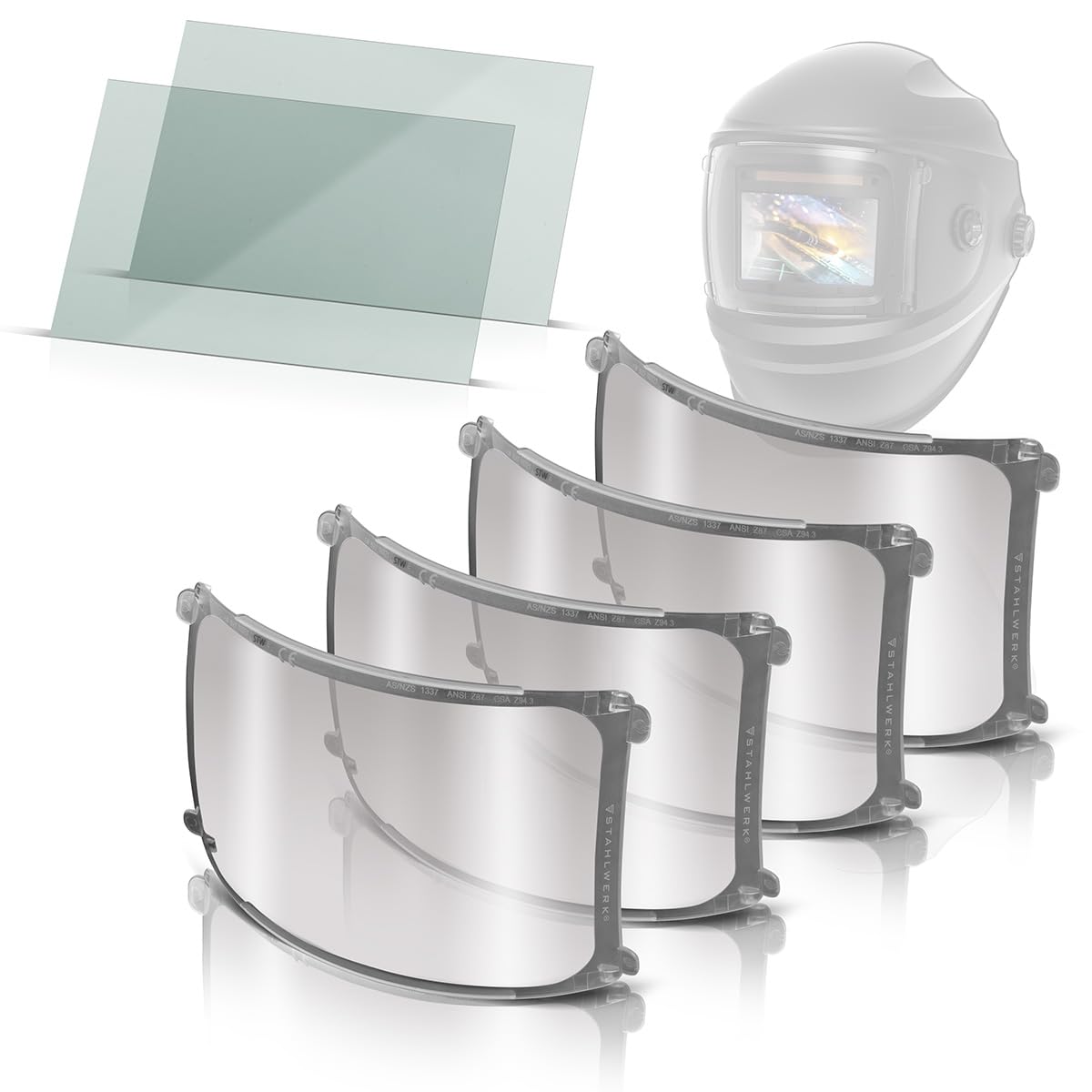 STAHLWERK Vorsatzscheiben/Ersatzscheiben für Bullet Automatik-Schweißhelm 3-in-1 – 6er Set Ersatzgläser, innen und außen, Schweißschutzglas, Visierglas, Schutzglas nach EN ISO 16321