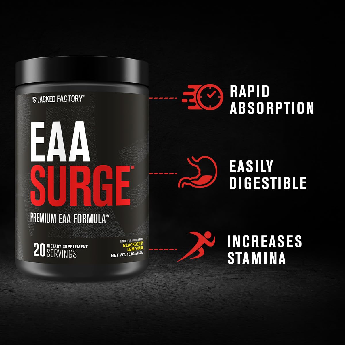 Jacked Factory EAA Surge Essential Amino Acids Powder - EAAS & BCAA Intra Workout Supplement w/L-Citrulline, Taurine, & More for Muscle Building, Strength, Endurance, Recovery - Pineapple, 20sv