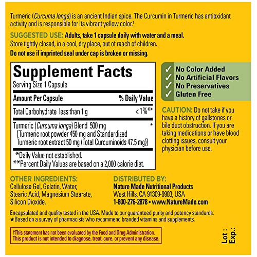Nature Made Turmeric Curcumin 500 mg, Herbal Supplements, 60 Capsules - image 6