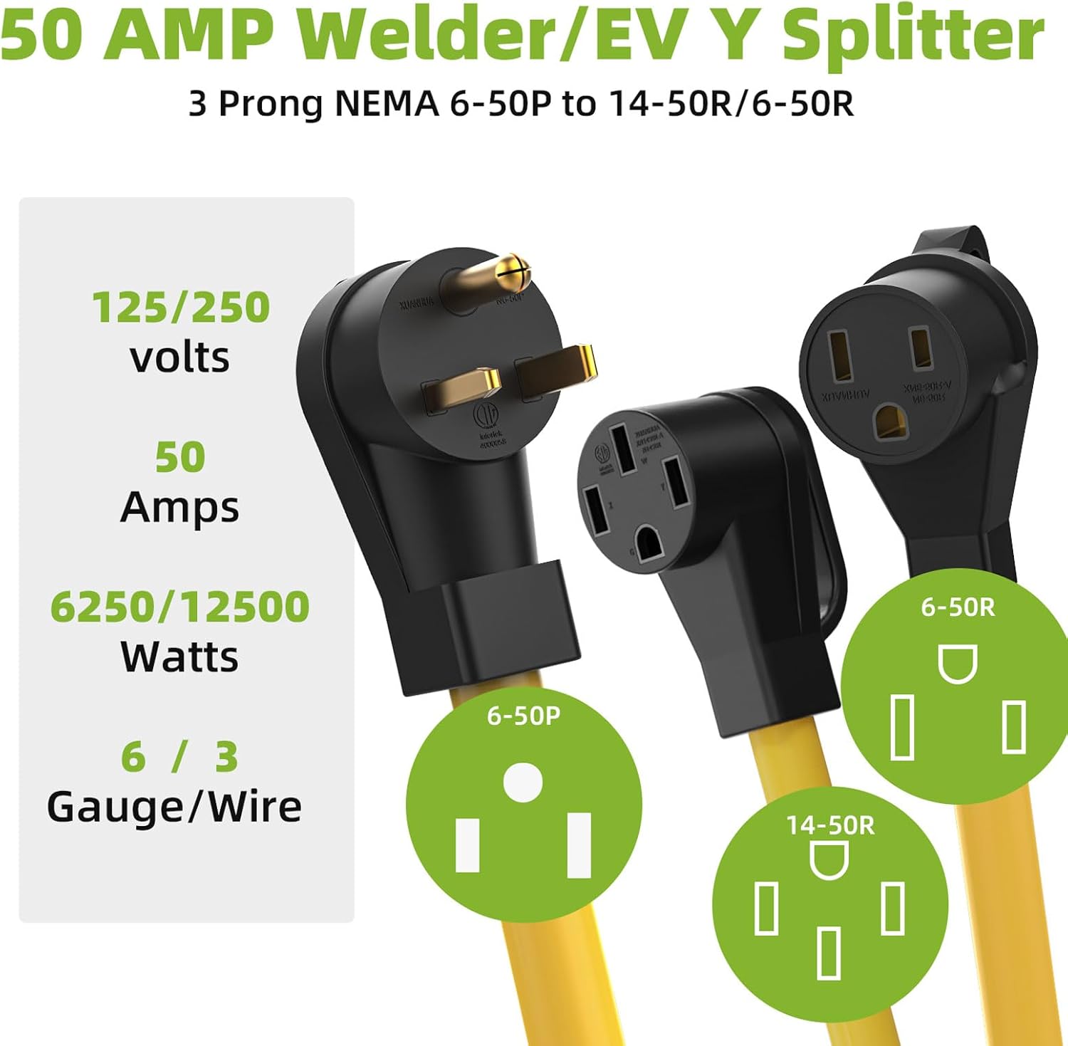 50 Amp Y Splitter Cord for EV Charger and Welder, NEMA 6-50P to 6-50R & 14-50R Adapter Power Cord, Heavy Duty 6 AWG STW Cable, 250V Extension Splitter, ETL Listed