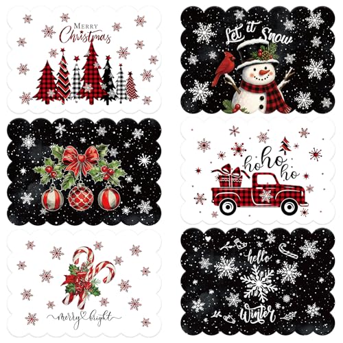 Qinyoung 6 Pcs Winter Watercolor Placemats 12 x 17 Inches Winter Plastic Placemats Set of 6 Wipeable Table Vinyl Mats for Dining Kitchen Indoor Outdoor Party Holiday Decoration(Retro)