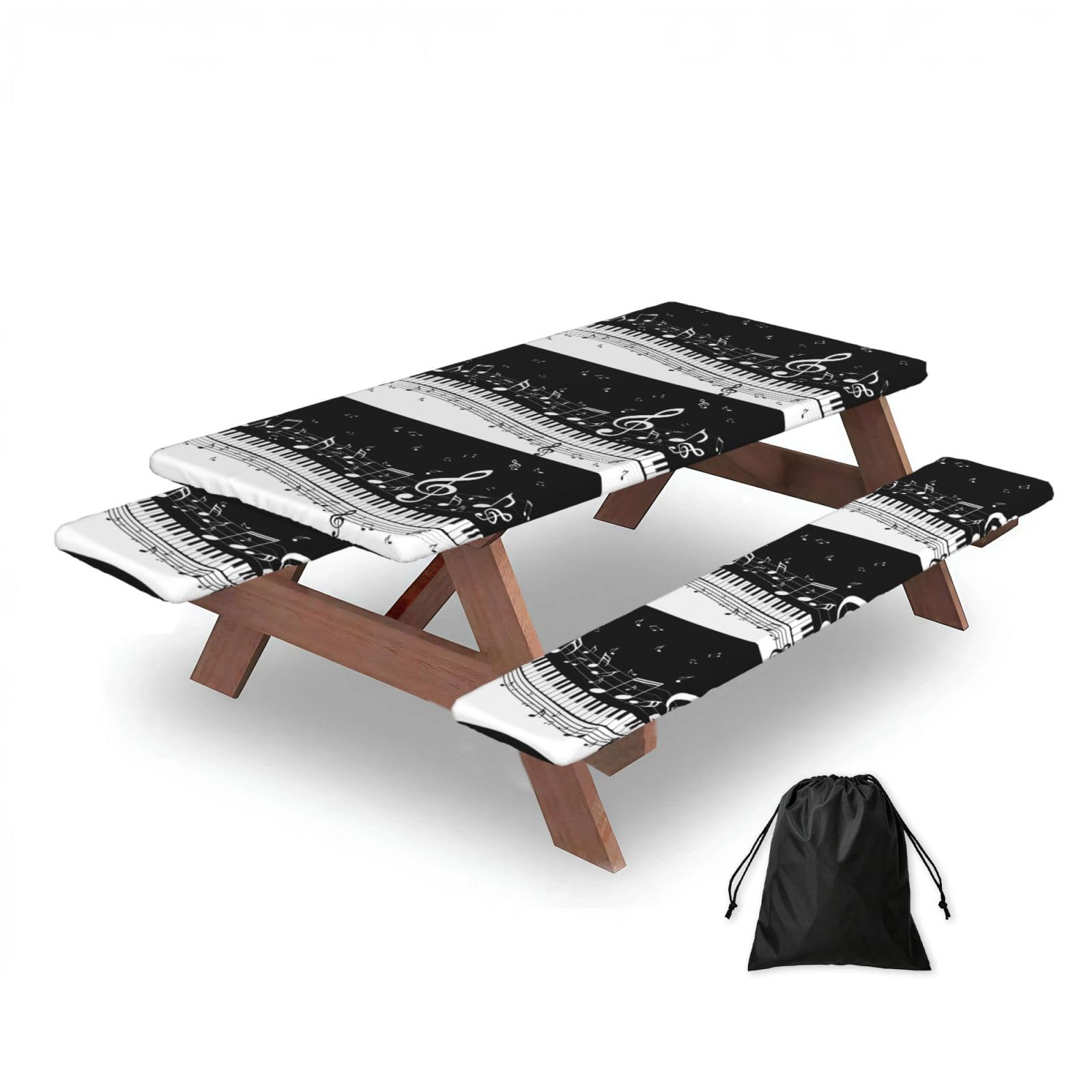 Dopklna As Picture Piano Keys With Musical Notes, Picnic Table Cover With Bench Covers -Waterproof Elastic Fitted Tablecloth For Garden Camping Patio 76X152cm