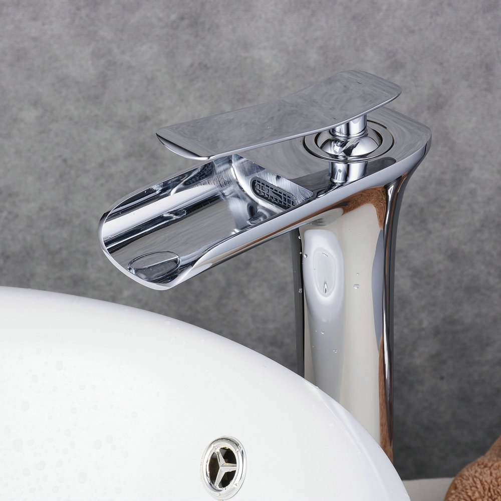 Beelee Waschtischarmatur Wasserfall Design, hoch Einhebel Waschbecken Wasserhahn mit Silber Farbe und Messing Material, Oberflächenbehandlungen Verchromung