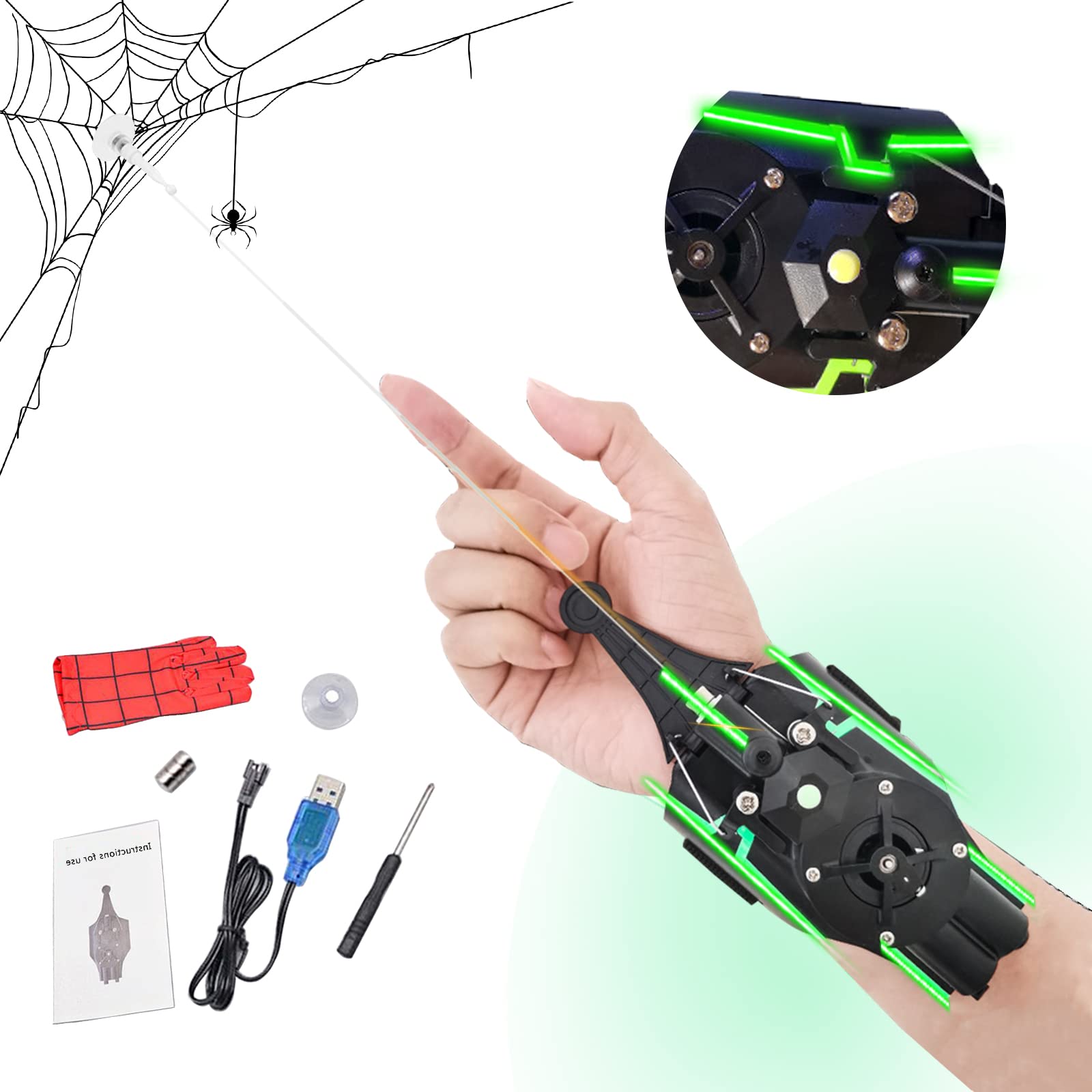 Lanciatore ragno, Spider String Shooter for Bambini, Lanciacorda di Ricarica USB con Magnete e Ventosa, Accessori for Bracciali Lanciarazzi Cosplay Supereroi(Black)