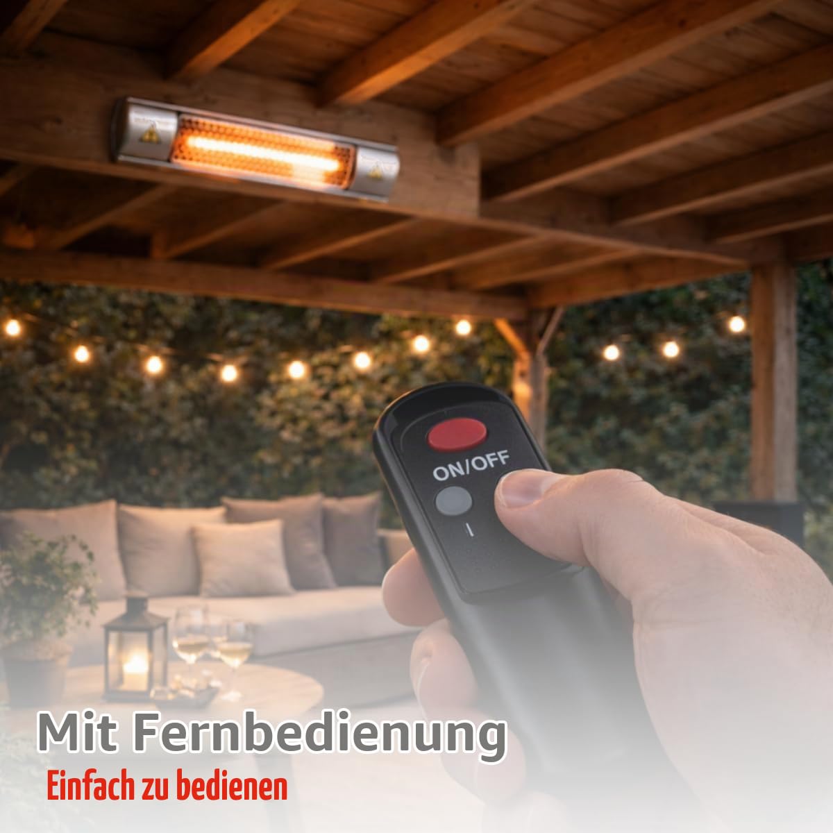 alpina Infrarotheizung 2000W – Heizstrahler Terrasse Wandmontage für Innen- und Außenbereich – Elektrischer Infrarot Heizstrahler hängend mit Fernbedienung – IP55 - 67,5 x 10,5 x 7 cm