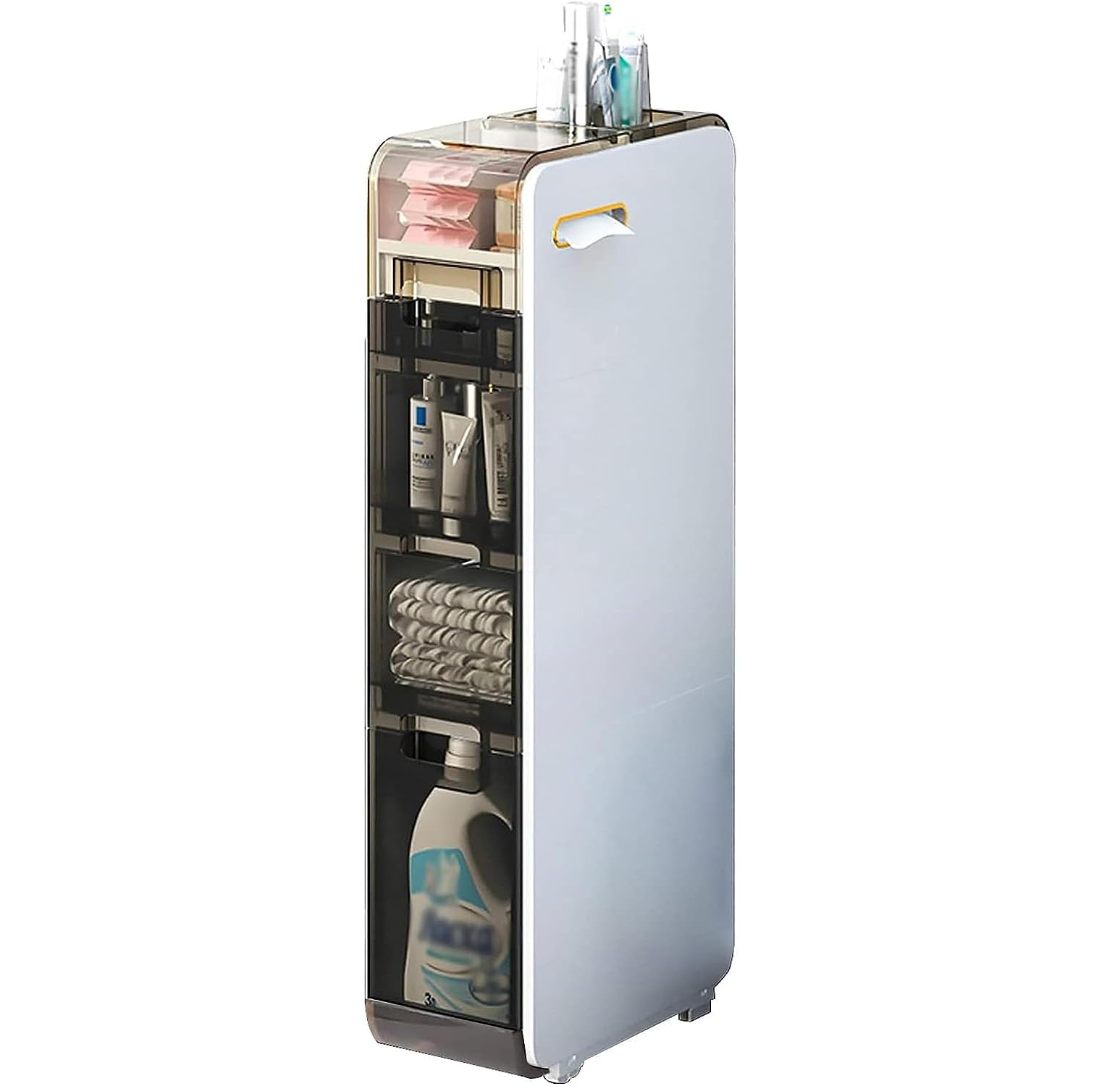 House of Quirk Plastic 4-Tiers Bathroom Floor Storage Cabinet Narrow Slim Towel Organizer Side Corner Unit With Clear Drawers And Casters For Tiny Kitchen (4 Tier White)-image-6