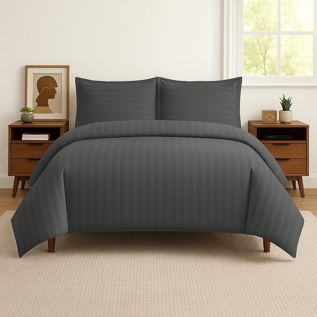 MGB Hotel Quality Satin Stripe Duvet Cover Set – 300 TC Soft Wrinkle Resistant & Breathable Bedding Quilt Cover With Pair Pillowcases (Dark Grey, Super King)